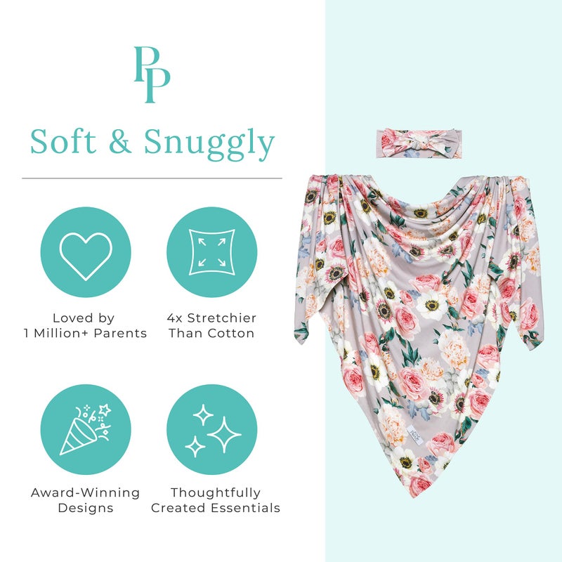 Posh Peanut Swaddle Blanket & Headband Set â€“ Viscose from Bamboo Stretchy Baby Swaddle for Newborn Girls, Receiving Blanket or Nursing Cover - Image 3